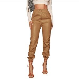 Floerns Women's Drawstring High Waisted Cropped Tapered Pu Leather Pants Khaki